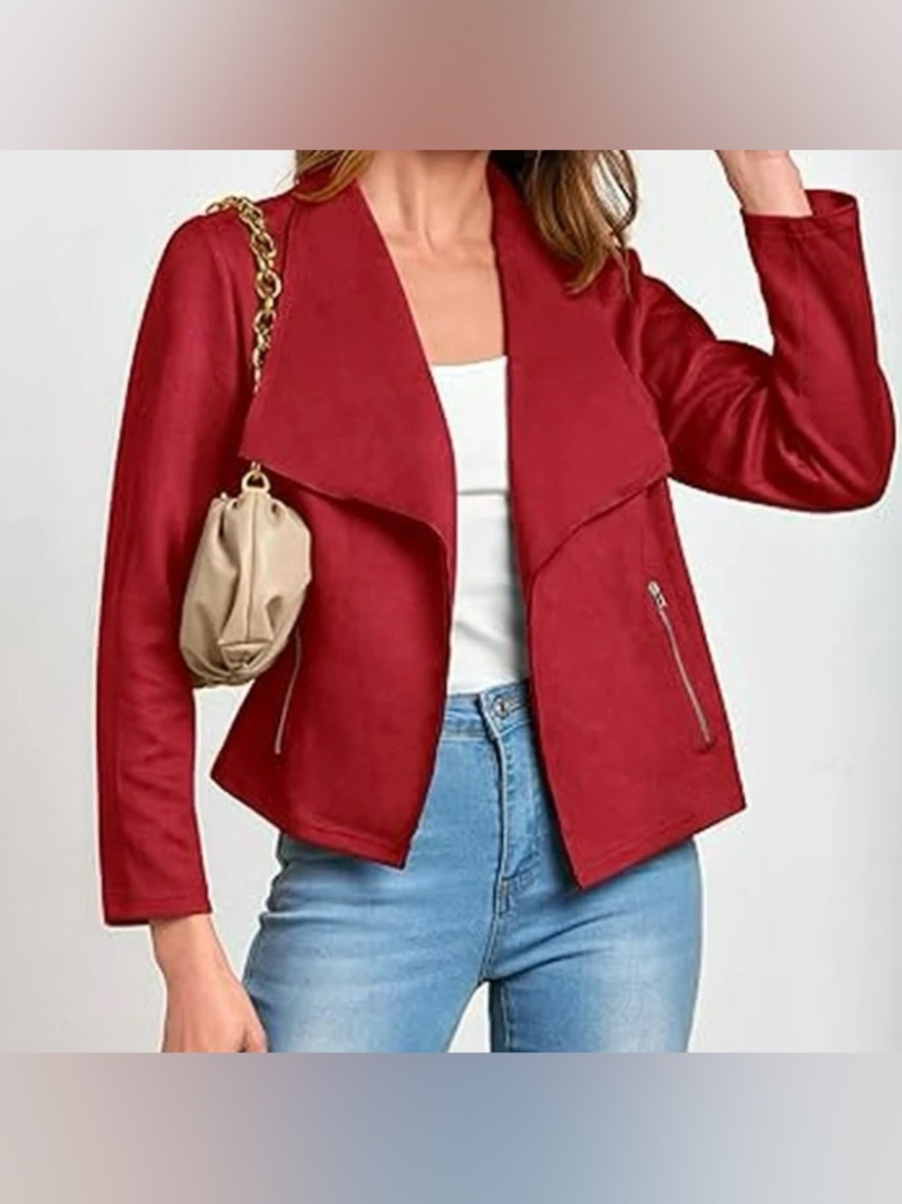 Pretty Garden Open Front Red Faux Suede Jacket Size L